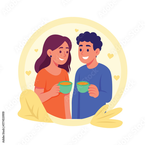 Romantic couple enjoying coffee and warm conversation, flat illustration