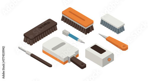 Isometric cleaning tools set featuring various brushes and tools