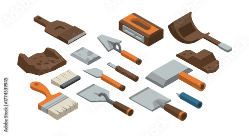 Isometric construction tools set with brushes, trowels, and scrapers for building and diy projects