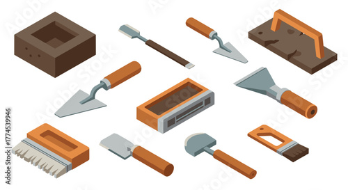 Isometric construction tools set: trowels, brushes, and more for building projects