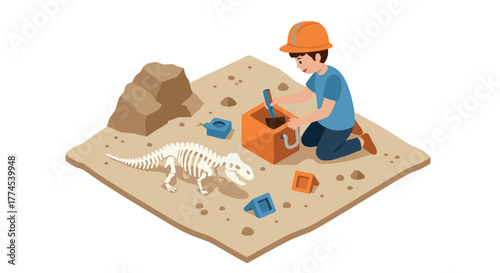 Isometric sandbox excavation with child discovering dinosaur bones