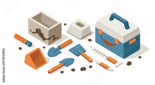 Isometric construction tools set with toolbox, trowels, and building materials on white background