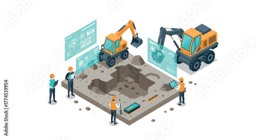 Isometric construction site with excavators and engineers analyzing digital plans