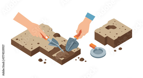 Archaeological excavation tools in use by hands in 3d isometric style