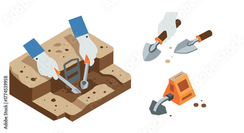 Isometric archaeology tools: hands-on excavation with shovel and brush on earth