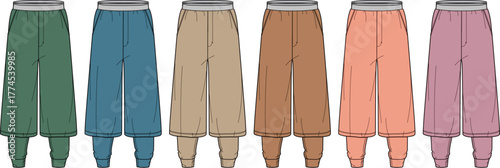 Set of colorful baggy sweatpants with elastic ankle cuffs. Fashion design vector illustration template showing a color palette for sportswear and loungewear