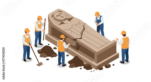 Archaeological team unearthing ancient artifact in isometric design