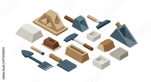 Isometric construction tools set with hammers, trowels, shovels, and bricks