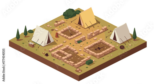 Isometric archaeological site with tents and excavation area