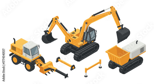 Isometric construction equipment set: excavator, bulldozer, and dump truck in yellow