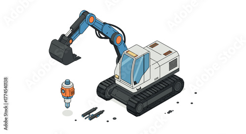 Isometric excavator with drill attachment and accessories on white background