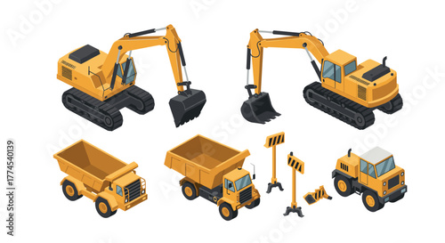 Isometric construction vehicles collection with excavators and dump trucks