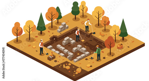 Archaeological excavation scene in autumn forest with workers and dig site in isometric style