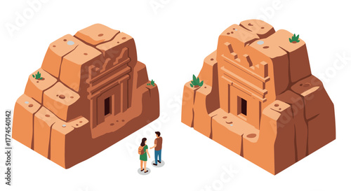 Isometric ancient rock tombs with tourists in desert landscape