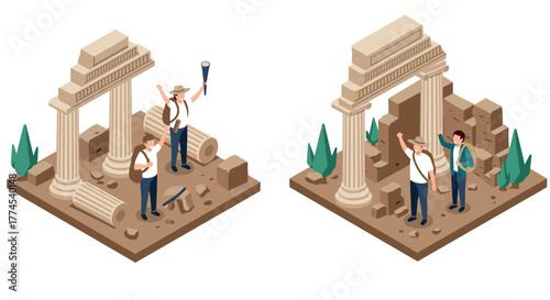 Ancient ruins exploration with archaeologists in isometric style