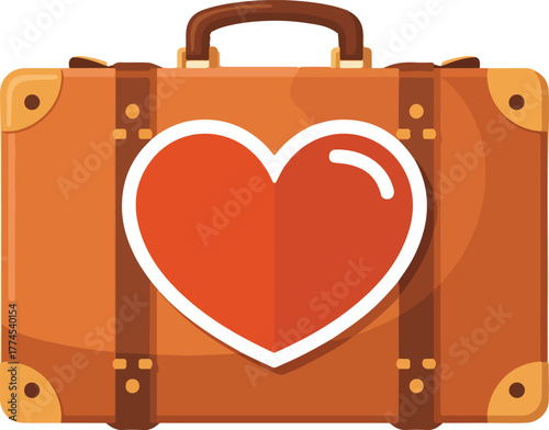 Vintage brown suitcase vector with a red heart icon symbolizing travel love and romantic journeys