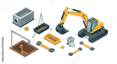Isometric construction equipment set with excavator and tools on white background