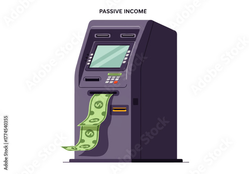An ATM machine dispensing dollar bills, illustrating the concept of passive income generation.