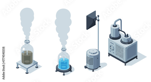 Isometric laboratory apparatus set with chemical reactions and equipment