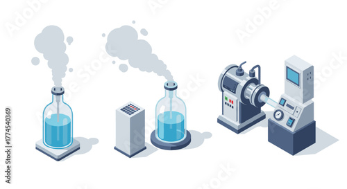 Isometric scientific equipment with beakers, smoke, and machines