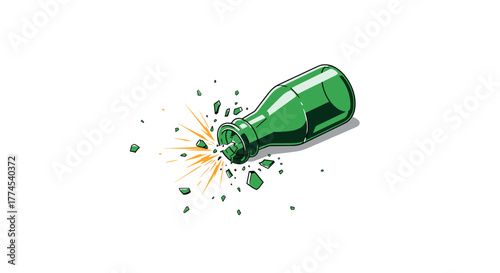 Broken green glass bottle with explosion effect on white background