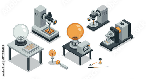 Modern isometric science lab equipment with glass apparatus and microscopes