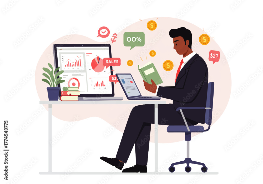 Fototapeta premium An African American man in a suit sits at a desk, reading a book while surrounded by laptops displaying data charts and financial indicators.