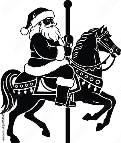 Santa Claus riding carousel merry-go-round at the fairground silhouette. 