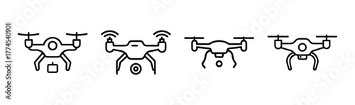 Drone quadcopter unmanned aircraft line icon set
