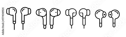 Set of wired in-ear headphones outline icons
