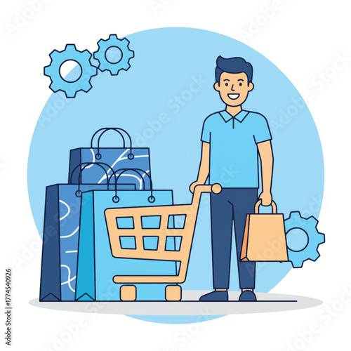 Man with shopping bags and cart, gears in background, representing commerce and retail