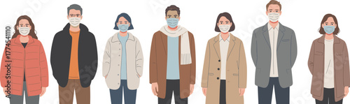 Illustration of diverse people wearing face masks, protection from virus, healthcare safety, pandemic prevention conceptIllustration of d