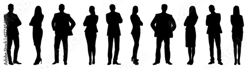 Silhouette of business people, formal wear, professional men and women, standing pose, vector illustration.