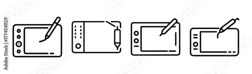 Digital graphic tablet and stylus pen vector icon set