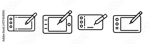 Vector graphic drawing tablet and stylus icon set