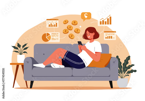 A woman relaxes on a couch using her phone, surrounded by financial charts, graphs, and coins, illustrating online investments or financial management.