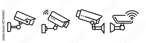 Cctv security surveillance camera line icons