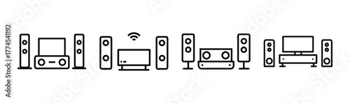 Home theater audio setup line icons vector set