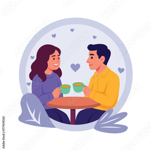 Romantic couple enjoying coffee and warm conversation, flat illustration