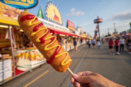 A delicious corn dog with ketchup and mustard at a vibrant outdoor fair