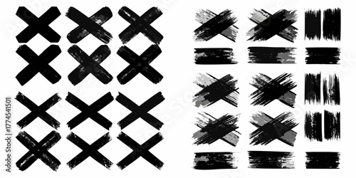 Collection of hand drawn black and white brush stroke x marks and lines isolated on white background
