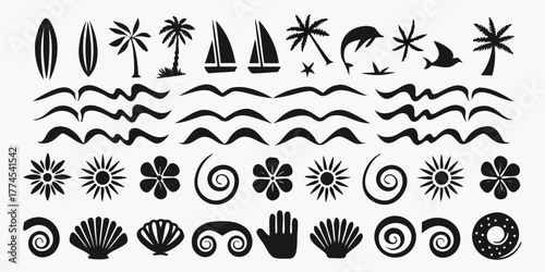 Collection of black silhouette icons representing summer beach vacation and tropical elements