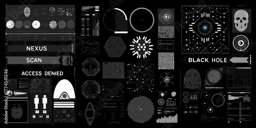 Futuristic digital interface with scanned data and abstract geometric shapes on black background