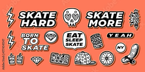 Collection of cool and fun skateboard themed stickers with bold text and graphics