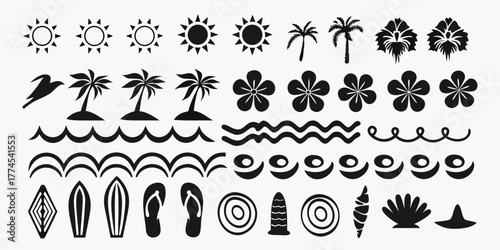 Collection of black and white tropical vacation icons and symbols for summer design