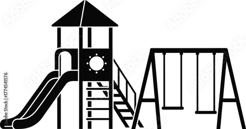 Children playground structure slide and swing icon recreation and outdoor fun equipment vector silhouette illustration. 