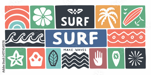 Colorful surfing themed collage featuring surfboards palm trees waves and tropical flowers