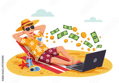 Man relaxing on a beach chair with a laptop, cocktail, and money floating around, symbolizing financial freedom.