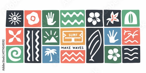 Photography Collection of tropical and surf inspired icons and symbols in a grid pattern