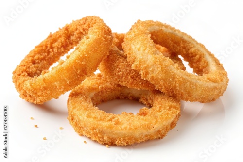 Golden crispy onion rings isolated on white background, a delicious and savory snack